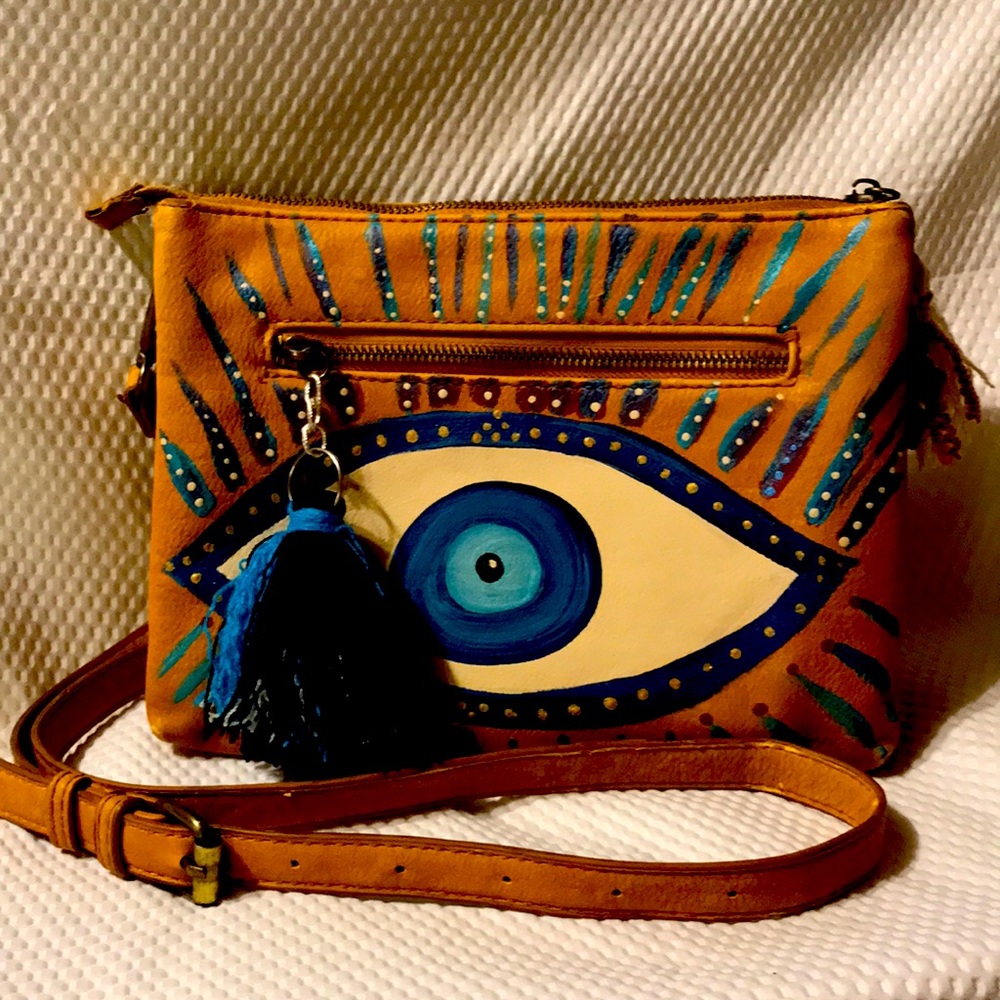 Madison West Crossbody Bag Up cycled with Hand Painted Flowers and Evil Eye